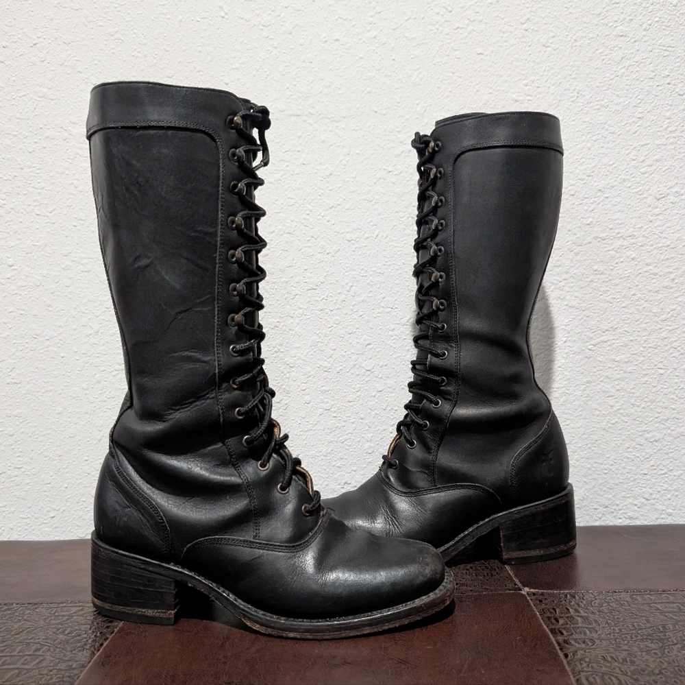 Rare Frye Campus Lug Vintage Lace Up Knee-High Black Antique Leather Boot Size 6 - Picture 14 of 15